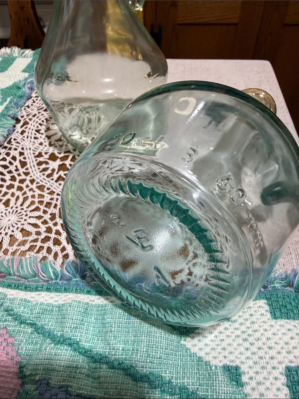 Set of 2 Clear tinted green Glass Olive Oil Cruets with Cork Stoppers